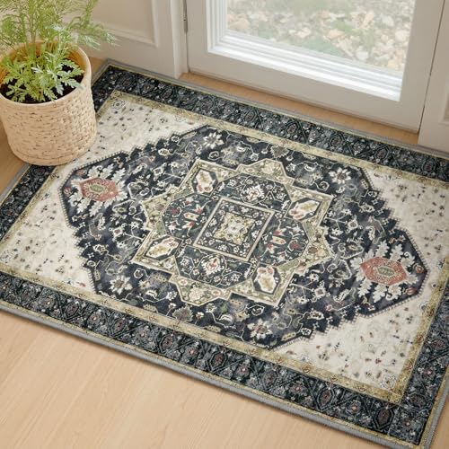 MINIDEAR 2x3 Area Rugs for Entryway Kitchen, Washable Rug Small Accent Rugs for Bedroom Non Slip Vintage Rug Thin Carpet Mat for Home, Black - color: 02black, size: 2' x 3' (Rectangular)