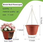 Hanging Planters 11 Inch, 3 Pcs Flower Pots with Drainage Hole, Self Watering Hanging Basket for Indoor Outdoor Plants, Decor, Pottery Red