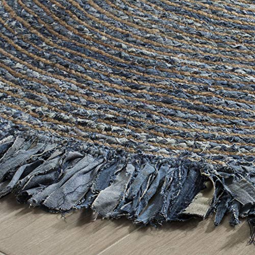 SAFAVIEH Cape Cod Collection Area Rug - 4' Round, Ivory & Denim, Handmade Boho Fringe Jute & Cotton, Ideal for High Traffic Areas in Living Room, Bedroom (CAP206D) - color: Ivory/Denim, size: 4' (Round)