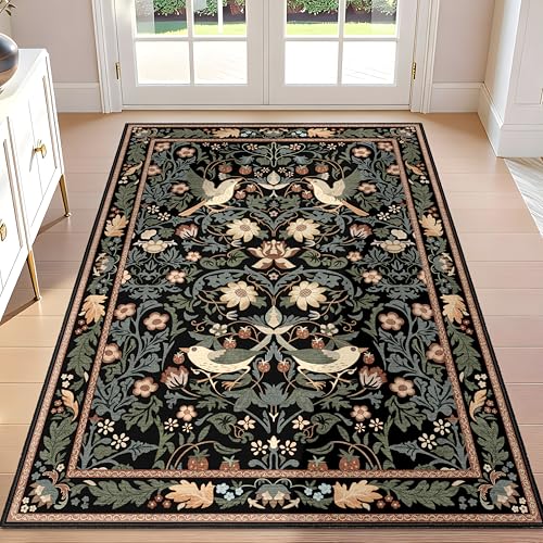 Boho Rug 3'x5',Washable Area Rugs for Bedroom Living Room Entryway Bedside,Small Farmhouse Bohemian Botanical Distressed Non Slip Carpet,Black Floral Bird - color: Black Floral Bird, size: 3'x5'
