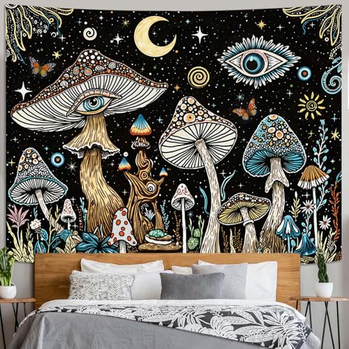 Accnicc Hippie Mushroom Tapestry Abstract Fantasy Plant Wall Tapestry for Bedroom Aesthetic Art Moon Star Eye Butterfly Small Tapestries Wall Hanging for Dorm Living Room Decor 48 × 36 Inch - color: Black Green, size: 48"L x 36"W