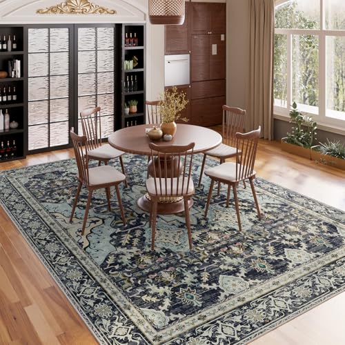 AMTOVO 8x10 Area Rugs for Living Room, Large Non-Slip Washable Rug, Boho Vintage Retro Medallion Print Pattern Carpet for Bedroom Dining Room Home Office Nursery Dorm Farmhouse, Grayish Blue - color: Grayish Blue, size: 8' x 10' (Rectangular)