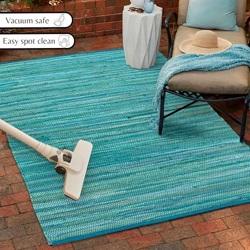 Cotton Hand Woven Chindi Rug 3x5 Feet - Teal, Reversible Large Durable Handmade Rag Dhurrie Ideal for Hallway, Kitchen, Living Room | Green Farmhouse Decorative Rectangular Floor Mat for Balcony - color: Teal, size: 3 x 5 feet