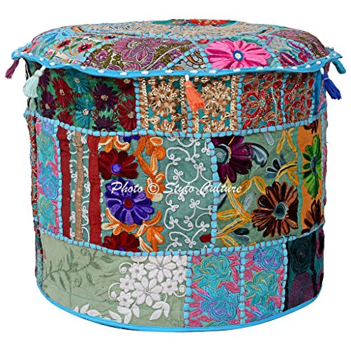 Indian Cotton Patchwork Embroidered 18" Pouf Ottoman Cover Round Turquoise Floral Furniture 45cm Footstool Floor Cushion Ethnic Decor Bean Bag Living Room - color: Turquoise