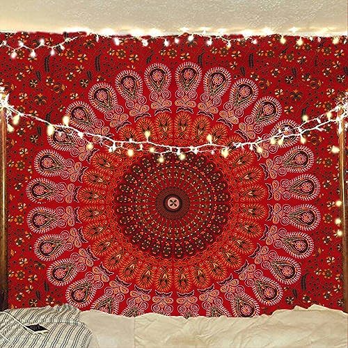 Bless International Handmade Indian hippie Bohemian Psychedelic Peacock Mandala Wall hanging College Dorm Beach Throws Table Cloth Bedding Tapestry (Golden Red, Poster(30x40Inches)(76x101cms)) - color: Golden Red, size: 40"L x 30"W