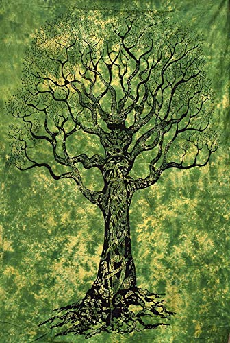 Indian Mandala Tree of Life Cotton Window Door Curtains Hippie Wall Hanging Boho Living Room Door Curtains Dorm Decor Tapestry Gyppsy Wall Drapes, Window Treatment Twin 82 x 52 Inch - color: Yellow & Green, size: 52"W x 82"L (Pack of 1)