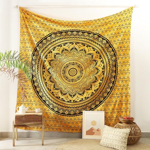 Popular Handicrafts Queen Mandala Hippie Tie dye Psychedelic Ombre Tapestry Wall Hanging - Indian Maditation Gypsy Bohemian Hippy Dorm Room Decor Yellow 81x88 Inch - color: Yellow, size: 88L" x 81W"
