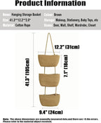 AARAINBOW Wall Hanging Cotton Baskets - Large 3 Tier Decorative Baskets for Wall, Nursery, Bathroom (B-Brown)