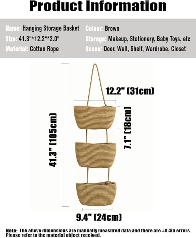 AARAINBOW Wall Hanging Cotton Baskets - Large 3 Tier Decorative Baskets for Wall, Nursery, Bathroom (B-Brown)