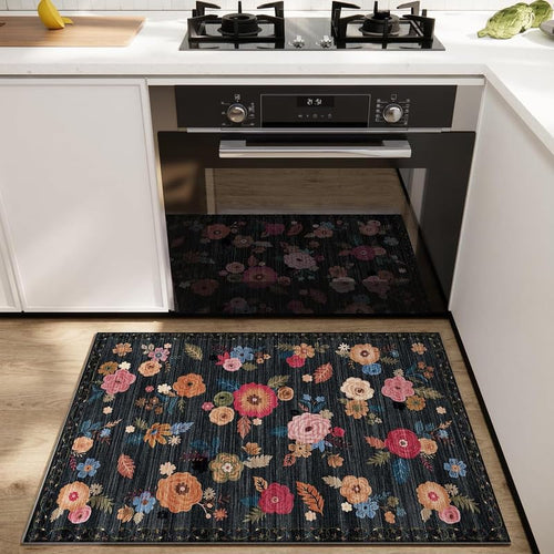 2x3 Washable Entryway Area Rugs: Floral Small Rug Non Slip Door Mat Indoor Entrance Soft Low Pile Throw Rugs for Inside Front Door Floor Bedroom Bedside Kitchen Nursery Home Office Entry - color: Black Floral, size: 2' x 3' (Rectangular)