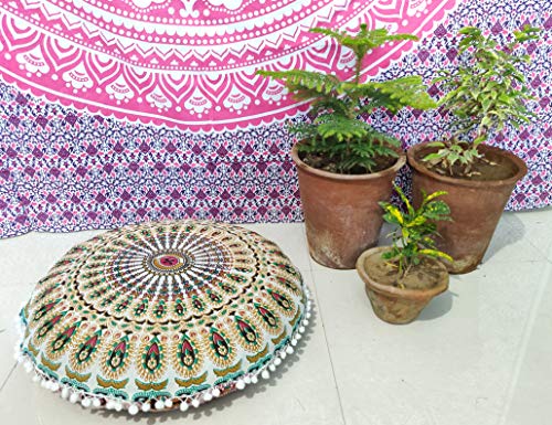 INDIAN CRAFT CASTLE 24" Musturd Peacock Mandala Barmeri Large Floor Pillow Cover Cushion Meditation Seating Ottoman Throw Cover Hippie Decorative Zipped Bohemian Pouf Ottoman Pom Pom Cases 24" Round - color: Musturd, style: 24 Inch Round