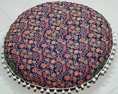 CRAFT KALA Mandala Floor Pillow Cushion Cover Seating Throw Cover Hippie Decorative Bohemian Ottoman Poufs Pom Pom Pillow Cases Boho Indian Cotton Living Room Yoga Home Décor 24" Round, Multi Peacock - color: Multi Peacock, size: 24" x 24" (Pack of 1)