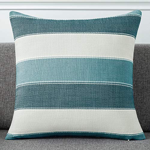 AmHoo Pack of 2 Farmhouse Stripe Check Throw Pillow Covers Set Case Cotton Linen Decorative Pillowcases Cushion Cover for Couch Bench Sofa 16x16Inch Teal Blue - color: Teal Blue, size: 16" x 16" (Pack of 2)