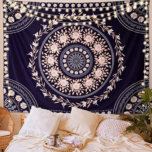 FLY SPRAY Mandala Tapestry Aesthetic,Boho Tapestries Wall Hanging,Dark Rose Floral Medallion Tapestrys,Bohemian Wall Art Hippie Decor for Bedroom Living Room Ceiling - color: Boho Tapestry-Navy Blue, size: 80"L x 60"W