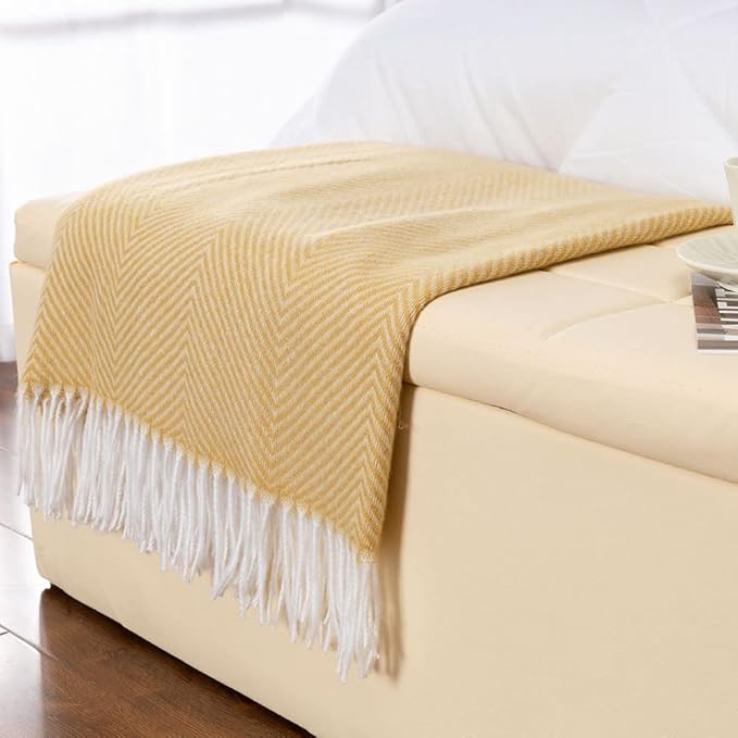 Gealaek Decorative Herringbone Faux Cashmere Throw Blanket Yellow Cheveron Fringe Lightweight Fuzzy Soft Cozy Throws for Sofa Bed Farmhouse Throw Blanket 50" x 60"