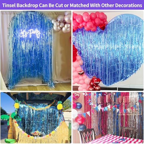Blue Streamers Party Decorations 3.3x8.2ft, 2 Pack Dark Blue Tinsel Backdrop for Ocean Themed Party Decor, Glitter Blue Foil Fringe Curtains for Door Decorations Hanging Birthday Baby Shower Halloween - color: Blue