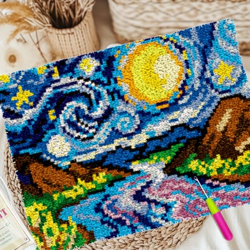 ORIGACH Starry Night Sky Latch Hook Rug Kit for Adults Printed Rug Making Kit Handmade Carpet Tapestry Cover with Hook Latch and Preprinted Canvas, Home Arts Crafts Sofa Decor, 20.5x15inch - style: Starry Night Sky