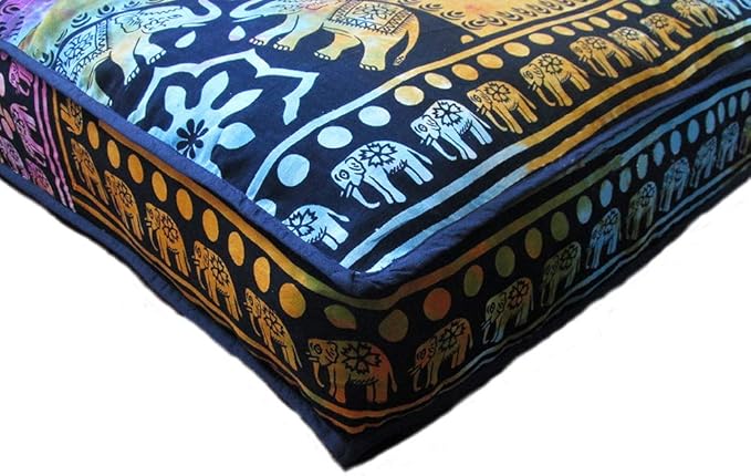 CRAFT KALA Mandala Floor Pillow Cushion Cover Seating Throw Cover Hippie Decorative Bohemian Ottoman Poufs Pom Pillow Cases Boho Indian Cotton Living Room Yoga Home Décor 35" Square Multi U.p Elephant