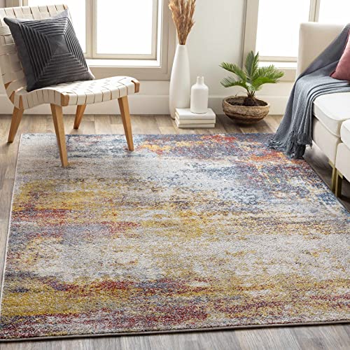 BoutiqueRugs Light Gray Abstract Contemporary 5x7 Area Rug Mustard Ice Blue Navy Alexandra Living Room Bedroom Dining Room Home Office Apartment 5'3" x 7' Stain Resistant Non-Shedding Pet Friendly - color: Gray/Mustard, size: 5'3" x 6'11" (Rectangular)