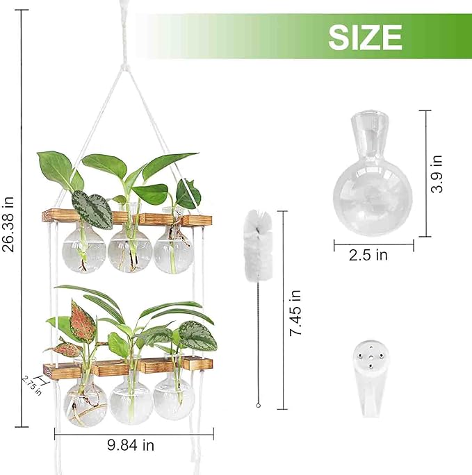 Plant Propagation Station Wall Hanging, Plant Terrarium with 2 Tiered Wooden Stand for Hydroponics Plants, Unique Gardening Gifts for Women Mom Plants Lovers - 6 Bulb Glass Vases