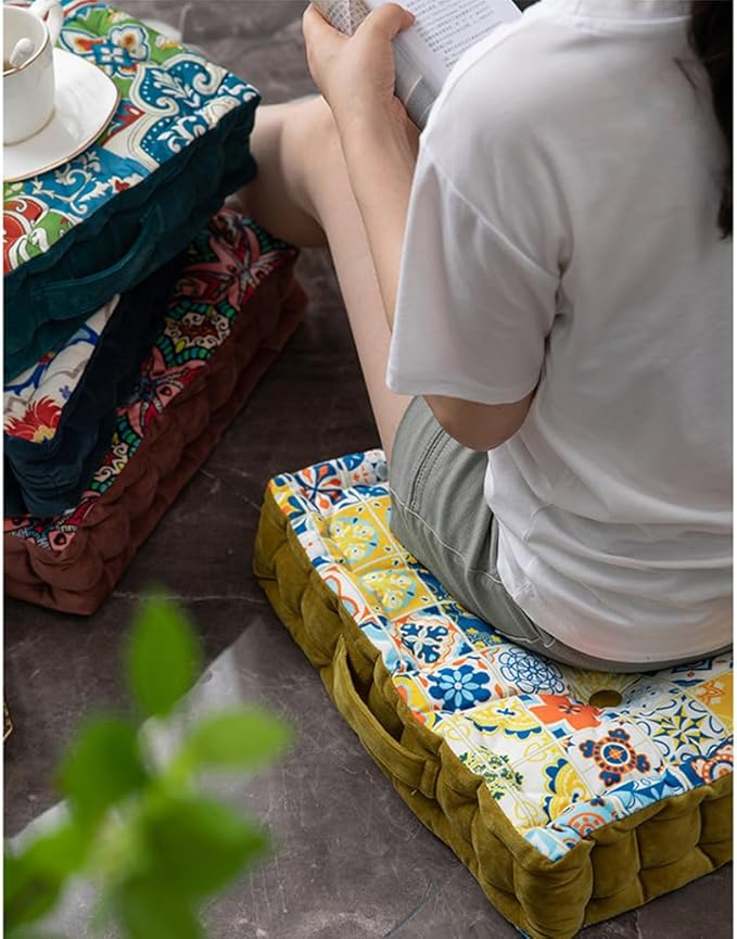LINGXIYA Floor Pillow,Bohemian Cushion,Tatami Floor Cushion Mat,Tufted Pillow Seat Chair Pad for Yoga Meditation Living Room Balcony,15.7"x15.7"x3.5",Green