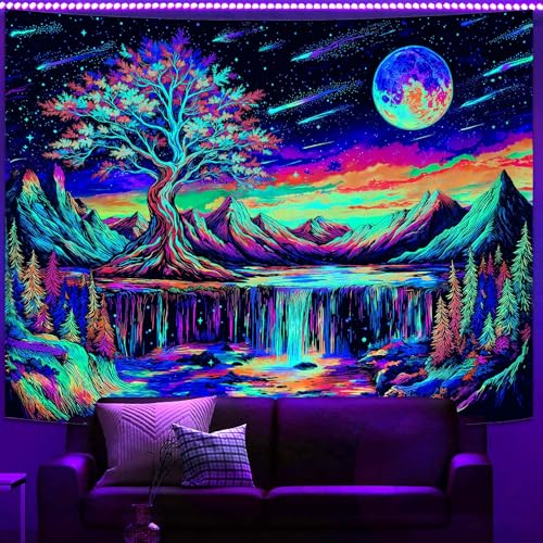 Zussun Blacklight Tree of Life Tapestry UV Reactive Moon Mountain Forest Waterfull Tapestry for Bedroom Aesthetic Nature Small Tapestries Wall Hanging for Dorm Living Room Decor 60 x 44 Inch - color: Warm Red, size: 60"L x 44"W