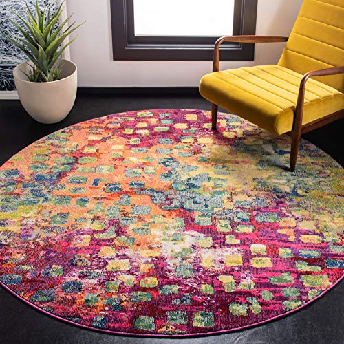 SAFAVIEH Madison Collection 6'7" Round Fuchsia / Gold MAD425D Boho Abstract Distressed Non-Shedding Dining Room Entryway Foyer Living Room Bedroom Area Rug - color: Fuchsia/Gold, size: 6'7" (Round)