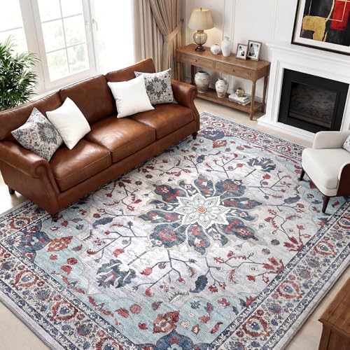 10x12 Area Rugs for Living Room, Machine Washable Boho Vintage Rug, Waterproof Surface & Non-Slip Backing, Foldable Soft Low Pile Floral Medallion Carpet for Bedroom Dining Room - color: Grey/Oriental Blue/Burgundy, size: 10' x 12' (Rectangular)