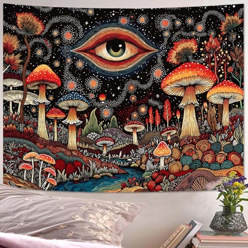 Accnicc Hippie Red Mushroom Tapestry Abstract Mystical Eye Wall Tapestry for Bedroom Aesthetic Boho Fantasy Starry Night Plant Large Tapestries Wall Hanging for Dorm Living Room Decor 80 × 60 Inch - color: Black Scarlet, size: 80"L x 60"W