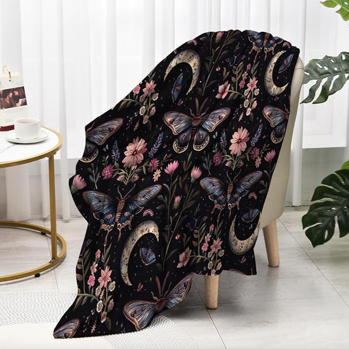Moon Moth Throw Blanket 30"x40" Soft Cozy Lightweight Flannel,Mystical Night Garden Botanical Celestial Blankets Gifts for Women Gothic Witchy Blanekts for Couch Office Travel Home Decor