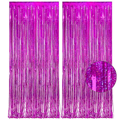 Magenta Tinsel Curtain Party Backdrop - GREATRIL Foil Fringe Curtain Photo Booth Streamers for Bachelorette Party Engagement Bridal Shower 2 PCS - color: Magenta