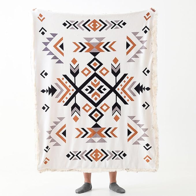 Luxury Plush Faux Fur Throw Blanket with Aztec Pattern, Super Warm, Fuzzy, Elegant, Fluffy Decoration Blanket for Couch, Armchair, Sofa and Bed, 60''x 80'', Cream