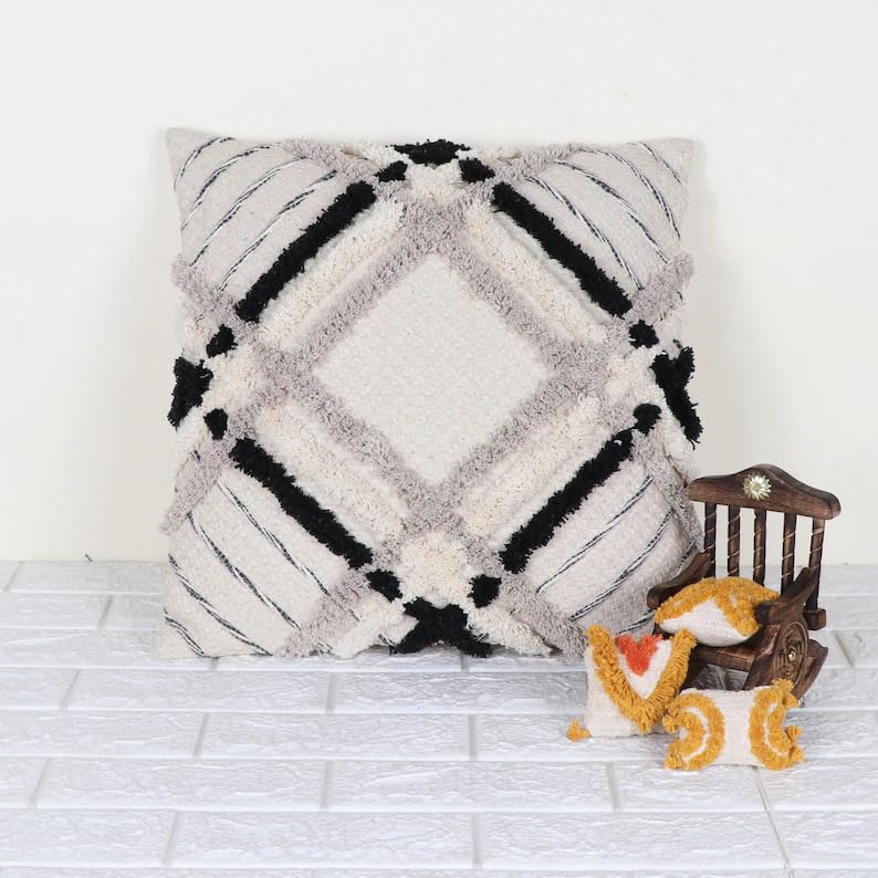 Boho Shaggy Tufted Throw Pillow Cover, Geometric Plaid Woven Decorative Cushion Case, Black Grey Off White Textured Square Pillowcase for Couch Sofa Home Decor, Pillow Insert Not Included