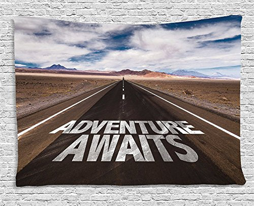 Ambesonne Saying Tapestry, Typography on the Asphalt Clouds and Sky Road Trip Theme Adventure Concept, Wide Wall Hanging for Bedroom Living Room Dorm, 80" X 60", Brown Blue - color: Brown Blue, size: 80"L x 60"W