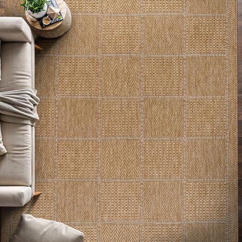Beverly Rug Easy Jute Checkered Squared Rug 4x6 Washable Durable Indoor Outdoor Area Rugs for Living Dining Room Patio Office Stain Resistant Non Shedding Casual Indoor Outside Carpet 4 x 6 Natural - color: Squared/Natural, size: 4' x 6' (Rectangular)