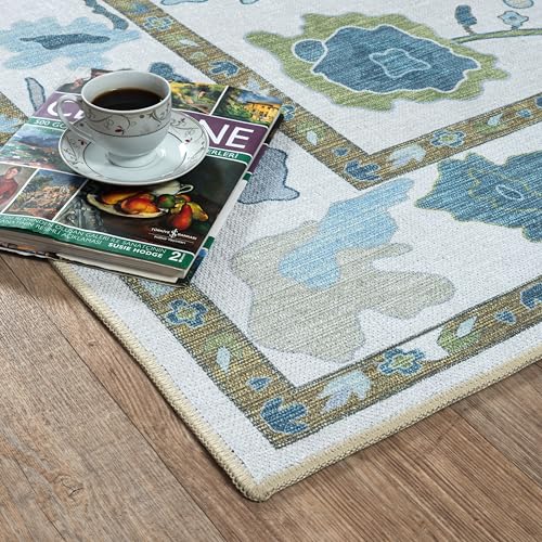 Fame Living Green Oushak Rug, Modern, Vintage, Turkish, Eclectic, Floral, Pastel, Washable, Area Rugs for Living Room, Dining, Bedroom, Office, Entryway, Foyer, Playroom, Nursery, 5'x6'9" - color: Cream Green, size: 5' x 6'11" (Rectangular)