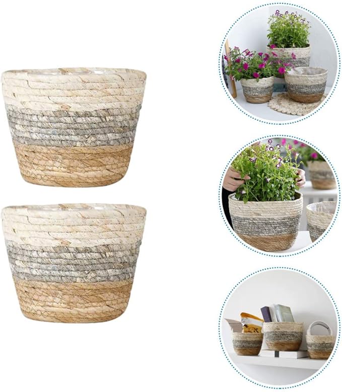 Operitacx Handmade Sea Grass Plant Basket 2 Pack Decorative Flower Holder Baskets for Home