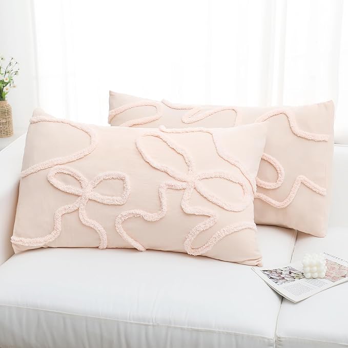 Mixweer 2 Pcs 20" x 30'' Thin Pink Coquette Bow Tufted Throw Pillow Cover 100% Cotton Bow Cushion Cases with Envelope Closure, Queen Size Pillowcase for Bed, Outdoor Couch Bedroom Car