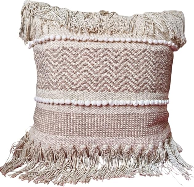 Generic Handmade (Design 1, Pack of 1) Macrame Boho Cotton Pillow Case, 18 x 18 inches, Canvas Fabric, Back Zipper, for Sofa, Bed, Living Room, Bedroom