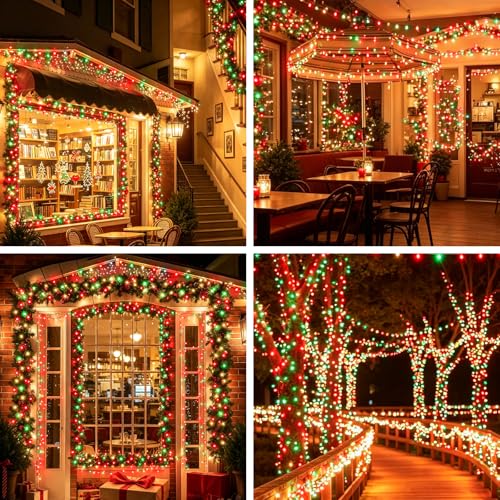 LAMPHOME Super-Bright Extendable Warm White Green red Christmas Lights Decoration 150Lights 31.9ft UL Certified Mini Bulb String Lights for Outdoor Christmas Tree Garden Patio Wedding Decor - color: Red Green Clear 150 Count Green wire