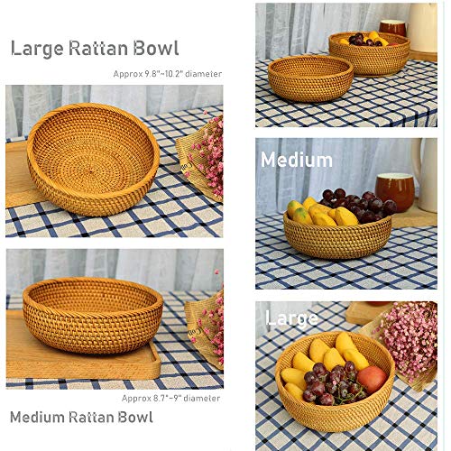 Hadewoven Round Rattan Fruit Basket Wicker Food Tray Weaving Storage Holder Dinning Room Bowl, 9 Inch Woven Bread Basket Key Bowls with 3.5”Wall for Table, Countertop (Medium 8.66") - size: Medium 8.66"