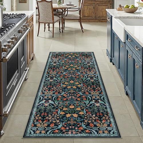 2x6 Washable Runner Rug for Hallway Dark Blue Floral Vintage Non Slip Low Pile Thin Rug Soft Lightweight Stain Resistance Runner Kitchen Bathroom Living Room Entrance Beside Bed Home Decor - color: Floral | Blue, size: 2'x6'