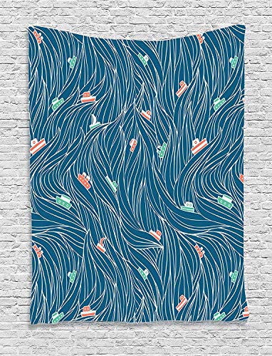 Ambesonne Nautical Tapestry, Waves Ships Cartoon Nautical Sailboat Vacations Travel Pattern, Wall Hanging for Bedroom Living Room Dorm Decor, 40" X 60", Petrol Blue Jade Green - color: Petrol Blue Jade Green, size: 60"L x 40"W
