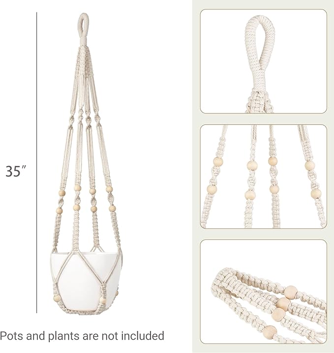 Dahey Set of 2 Macrame Plant Hanger Indoor Hanging Planter Basket with Hooks Flower Pot Plant Holder No Tassels for Boho Home Decor, 35 Inch