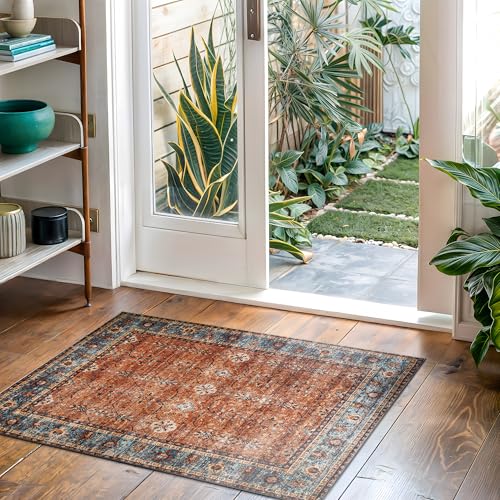 Bloom Rugs Washable Non-Slip 2' x 3' Rug - Orange/Teal Blue Traditional Bordered Area Rug for Living Room, Bedroom, Dining Room, and Kitchen - Exact Size: 2' x 3' - color: Orange/Teal Blue, size: 2' x 3' (Rectangular)