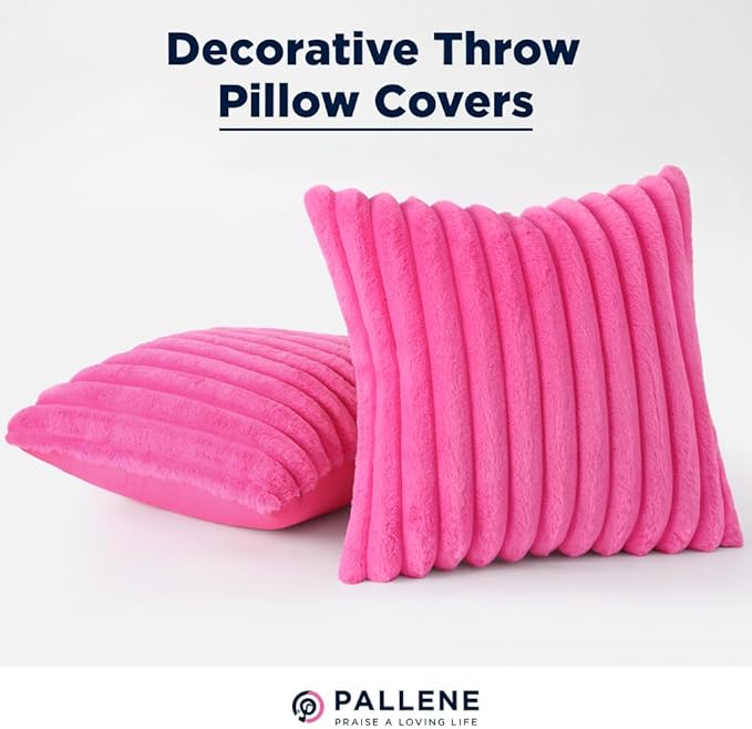 Pallene Faux Fur Plush Throw Pillow Covers 26x26 Set of 2, Luxury Soft Fluffy Striped Decorative Pillow Covers for Sofa, Couch, Living Room, Hot Pink