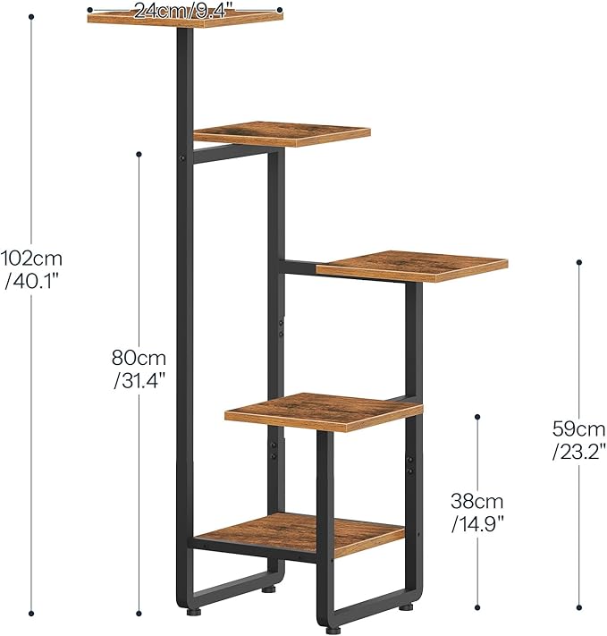 HOOBRO Plant Stand Indoor, 5 Tiered Corner Plant Shelf Flower Stand for Multiple Indoor Plants, Square Plant Flower Display Shelf for Living Room, Balcony, Patio, Rustic Brown and Black BF06HJ01