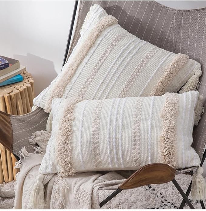 Beige Decorative Pillow Covers 20x20 Inch Soft Linen Texture Couch Throw Pillows Farmhouse Cushion Covers with Elegant Design for Sofa Bedroom Living Room Home Decor