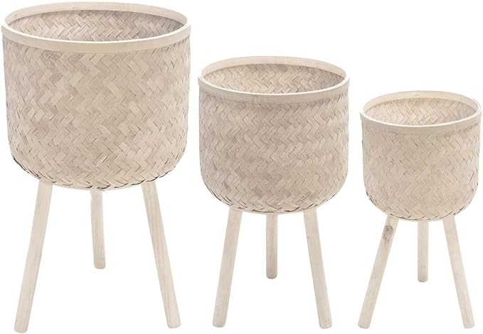 Set of 3 Decorative Planter Pots with Wooden Legs – Bamboo & Pine – Indoor & Outdoor Modern Plant Pot – Decorative Pots for Plants & Home Decor Planters – 22", 26", 30", White