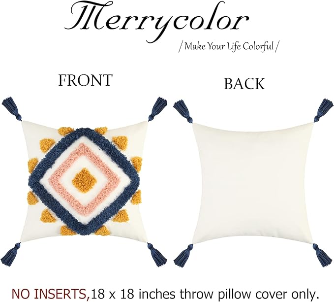Merrycolor Boho Pillow Covers Modern Geometric Diamond Boho Pillows Decorative Throw Pillow Cases Yellow Blue Pink Soft Woven Tufted Pillow Cushion for Couch Sofa Bedroom